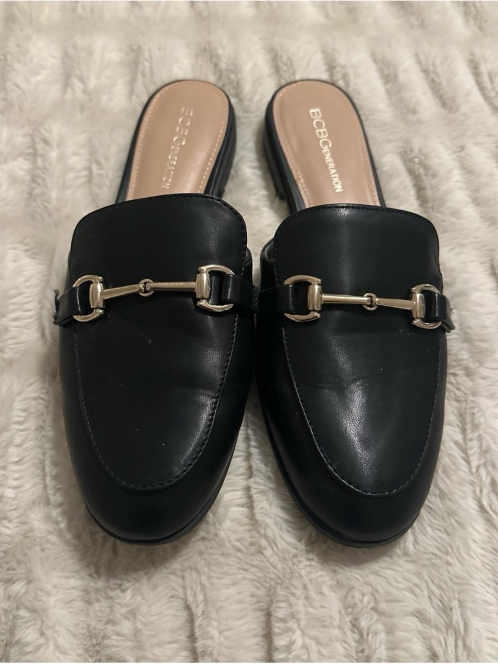BCBGeneration Black Mules with Gold Horsebit Accent